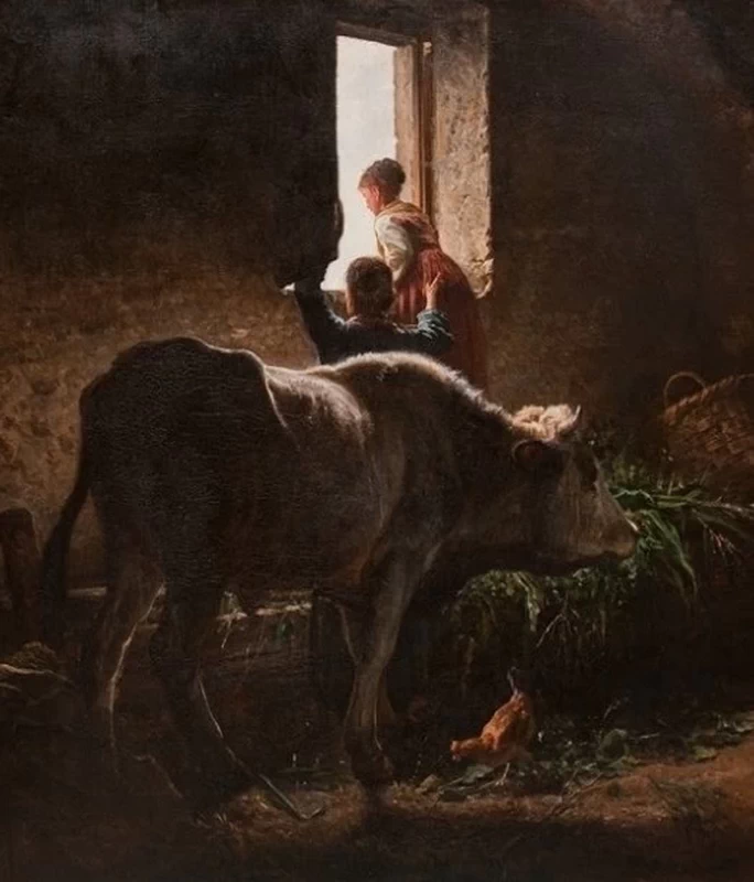 Valerio Laccetti - Interno di stalla con toro e figure